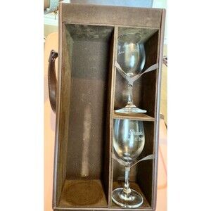 Vintage Wine Carrier Case Brown Hamilton Picnic Tote with 2 Engraved Glasses